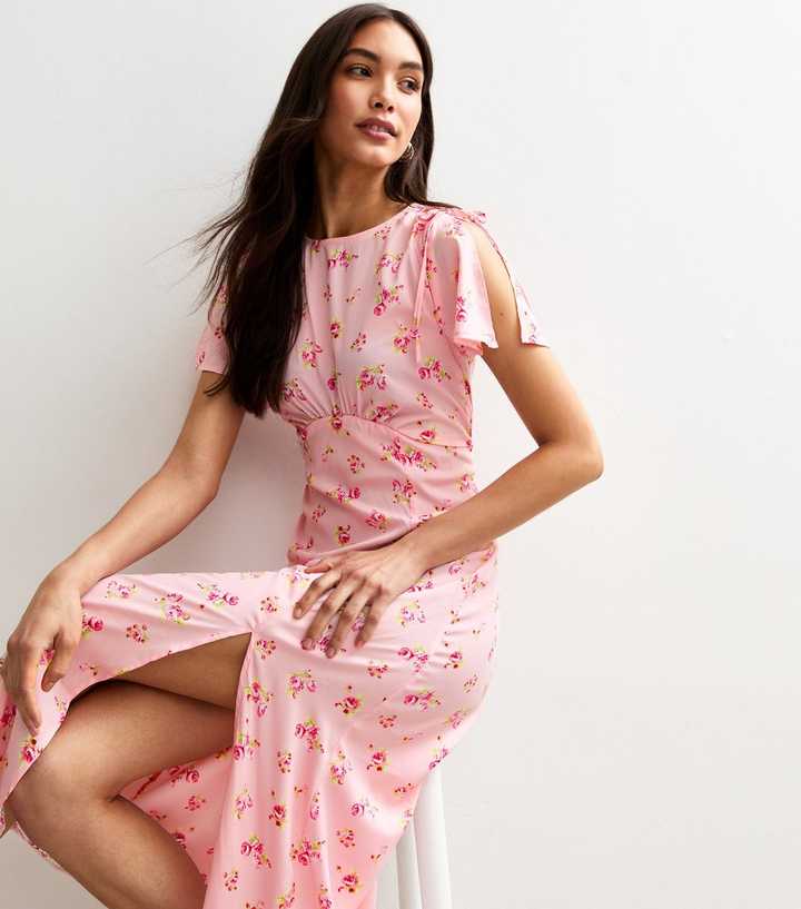 Pink Floral Print Flutter Sleeve Midi Dress