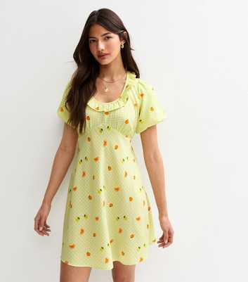 Yellow Fruit Print Frill Neck Mini Dress