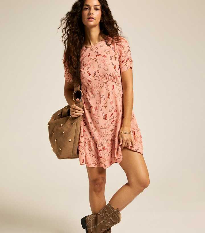 Pink Cowgirl Print Tiered Hem Mini Dress