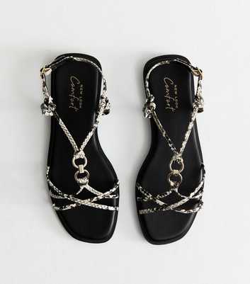 Cream Snakeskin Print Multi Strap Faux Leather Flat Sandals