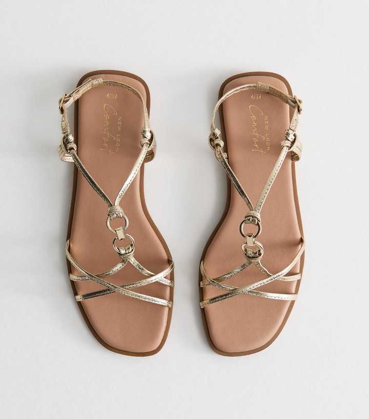 Gold Multi Strap Faux Leather Flat Sandals