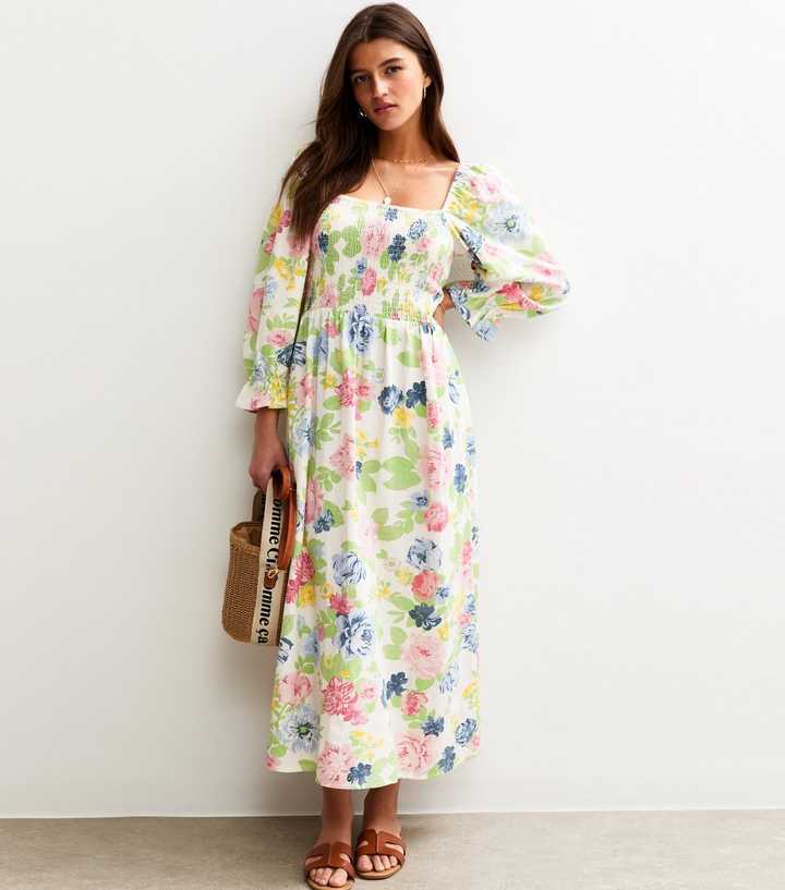 Cream Floral Print Shirred Midi Dress