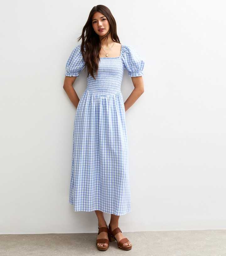 Blue Gingham Print Shirred Top V Waist Midi Dress Blue Gingham Print Shirred Top V Waist Midi Dress
