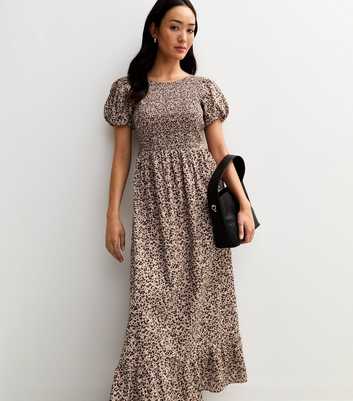 Brown Leopard Print Tiered Hem Midi Dress