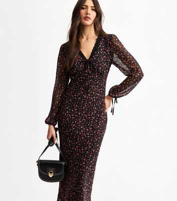 Black Floral Print Lace Trim Midi Dress