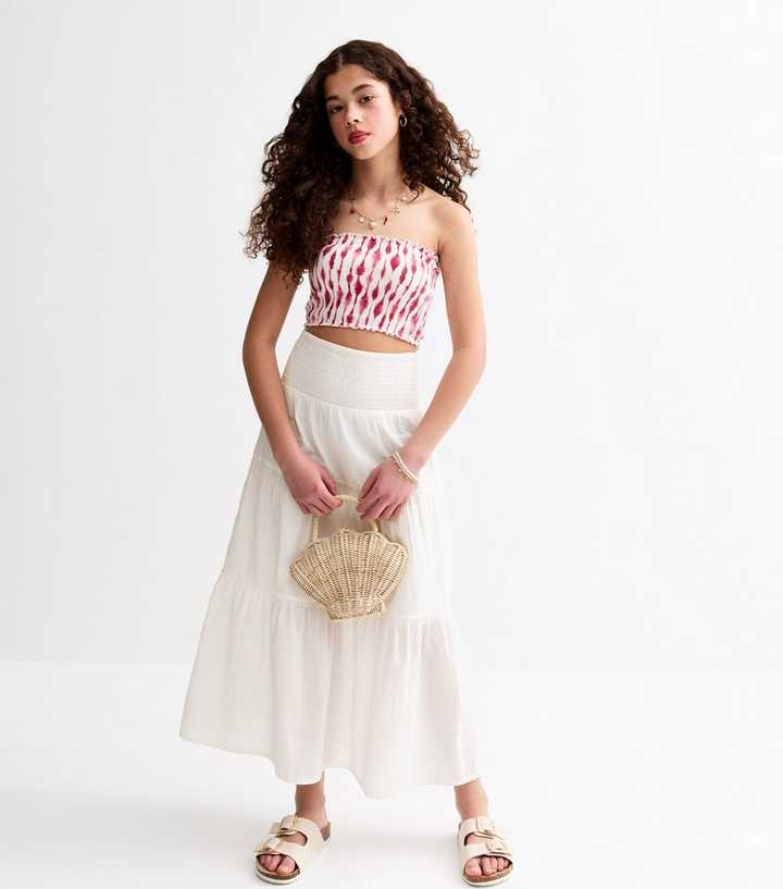 Girls White Shirred Waist Tiered Maxi Skirt