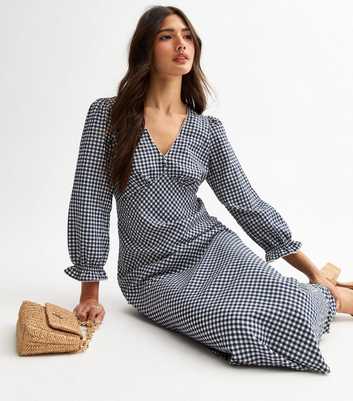 Blue Gingham Check Midi Dress