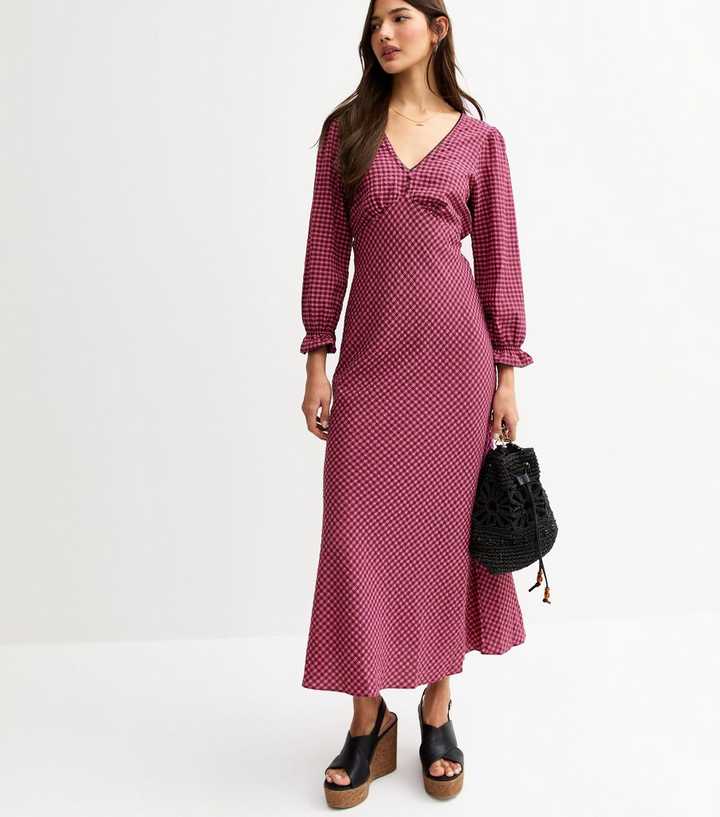 Pink Gingham Check Midi Dress