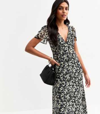 Black Daisy Print Chiffon Midi Dress