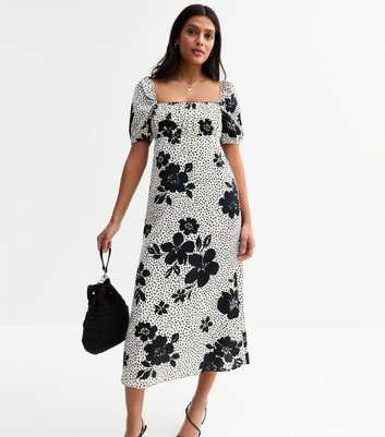 Off White Floral Polka Dot Milkmaid Midi Dress