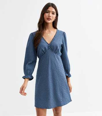Blue Gingham V-Neck Mini Dress