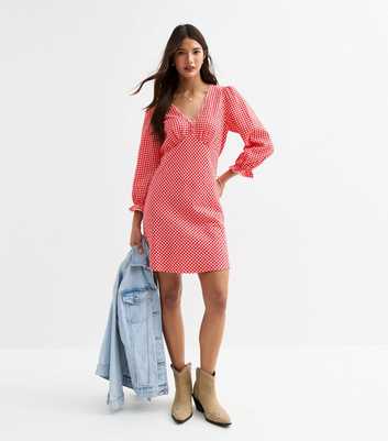 Red Gingham V-Neck Mini Dress