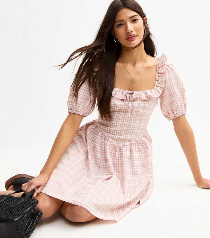 Check Top Pink Mini Pink Check Patterned Mini Dress | New Look