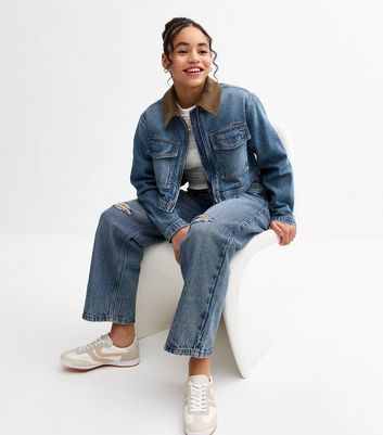 Girls Blue Contrast Collar Cropped Denim Jacket