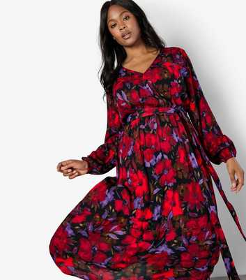 Apricot Curves Red Floral Wrap Midi Dress