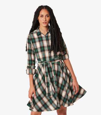 Apricot Green Check Flared Shirt Dress