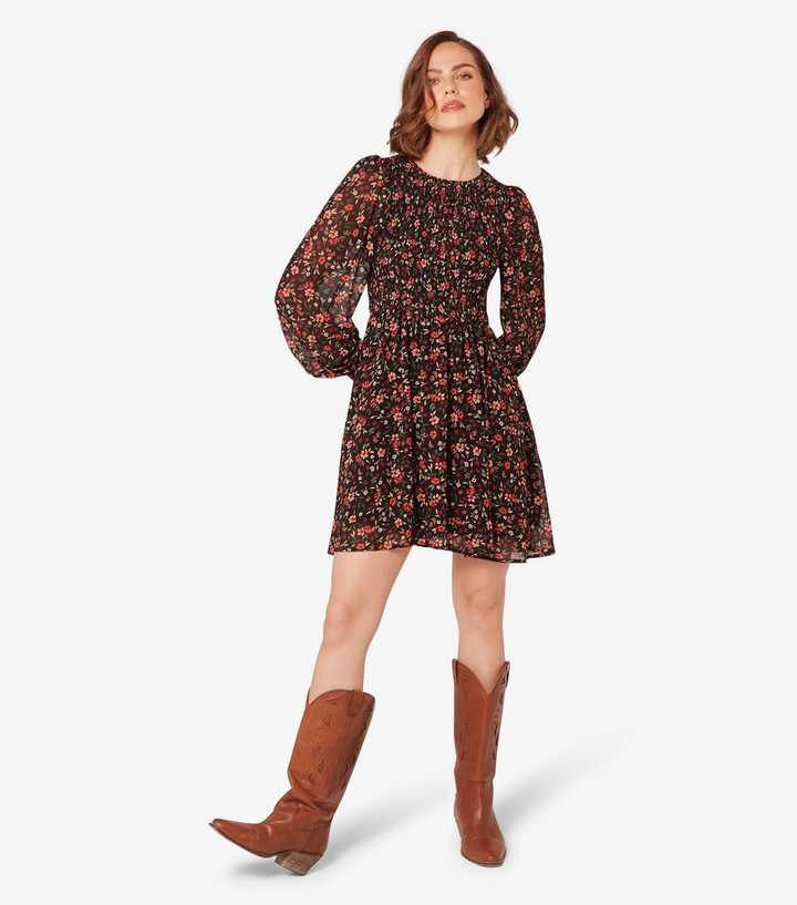 Apricot Burgundy Ditsy Floral Smocked Neck Mini Dress | New Look