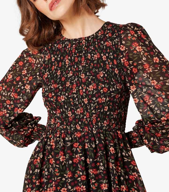 Apricot Burgundy Ditsy Floral Smocked Neck Mini Dress | New Look