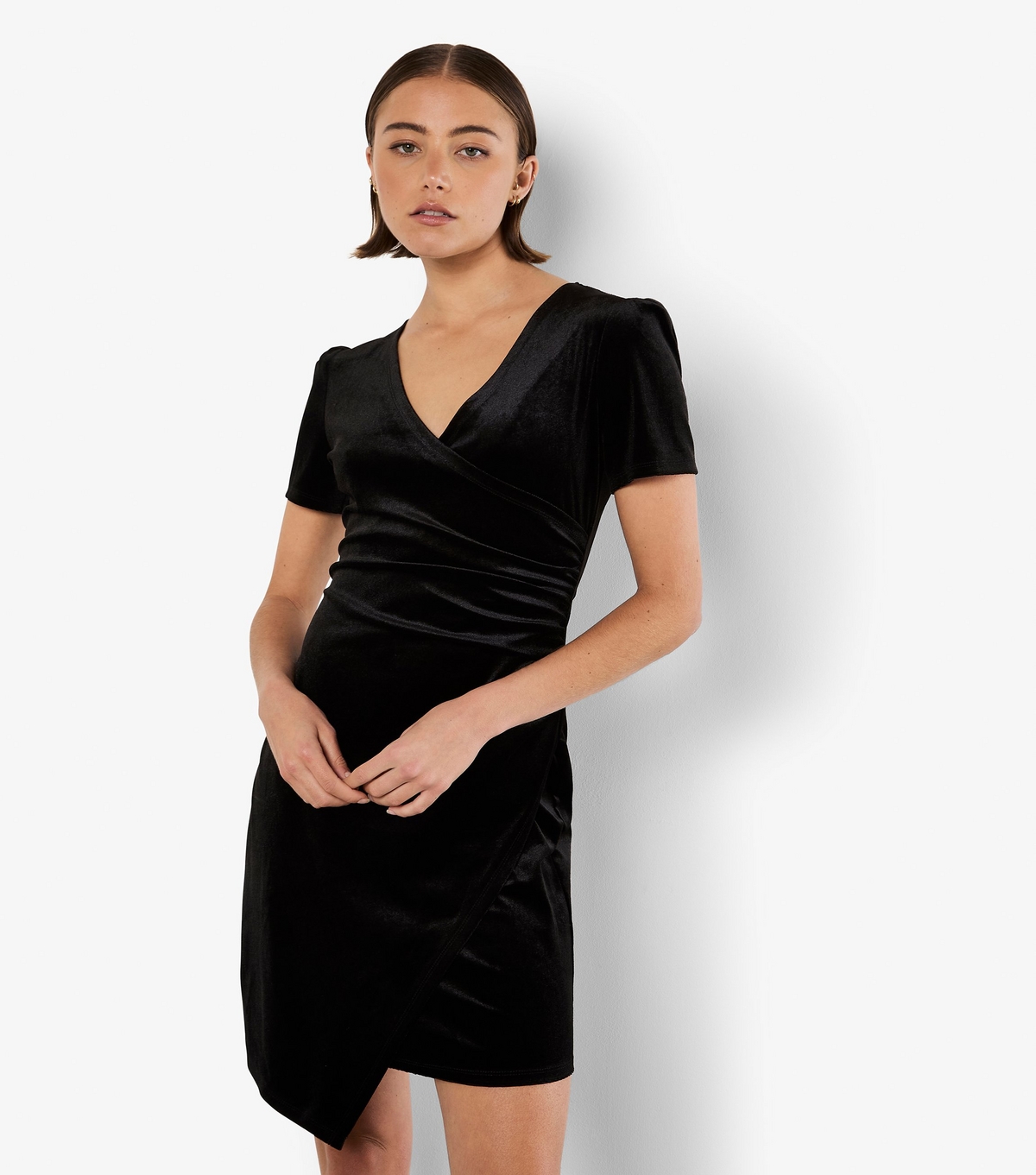 Women's Black Velvet Mini Wrap Dress Apricot New Look