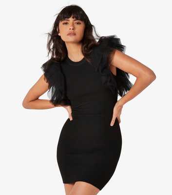 Apricot Black Tulle Sleeve Ribbed Knit Mini Dress