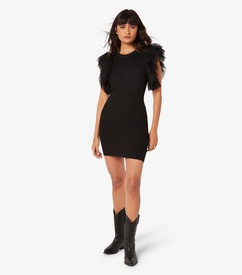 Apricot Black Tulle Sleeve Ribbed Knit Mini Dress | New Look Apricot Black Tulle Sleeve Ribbed Knit Mini Dress | New Look