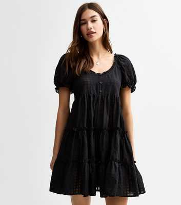 Black Textured Check Tiered Mini Smock Dress