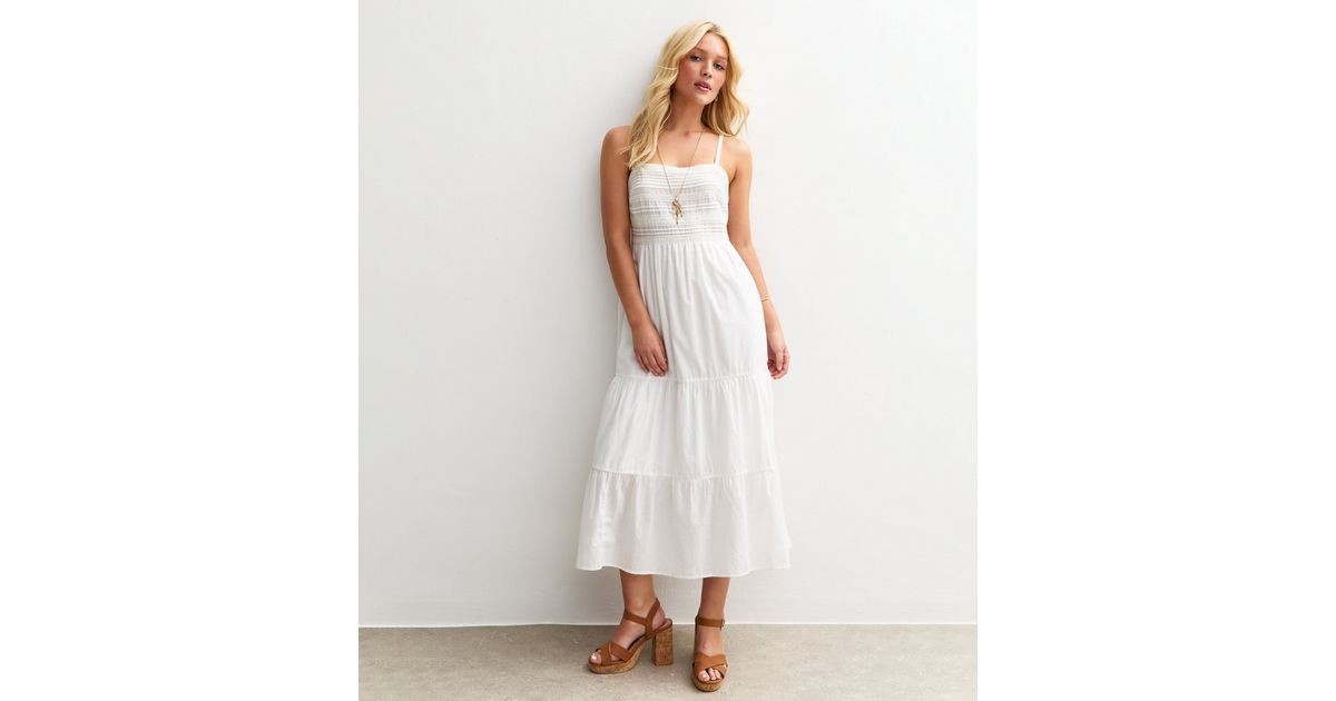 White Pintuck Lace Trim Strappy Midi Dress | New Look