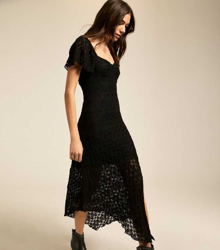Black Asymmetric Hem Lace Midi Dress