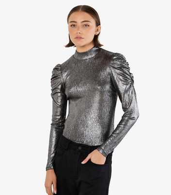 Apricot Silver Foil Ruched Shoulder Long Sleeve Top 