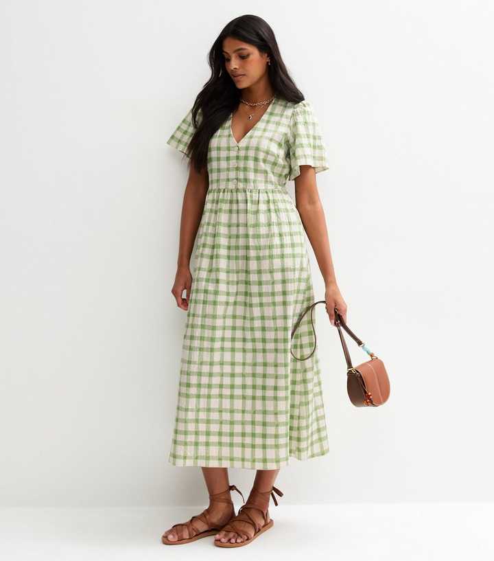 Green Gingham Check V-Neck Button Front Midi Dress