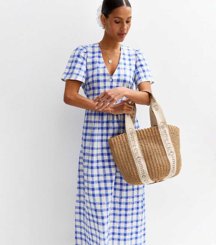 Blue Gingham Check V-Neck Button Front Midi Dress