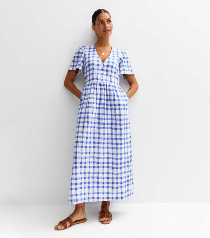 Blue Gingham Check V-Neck Button Front Midi Dress