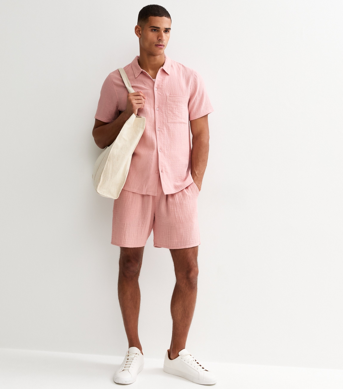 Men's Pink Relaxed Textured Cotton Shorts New Look