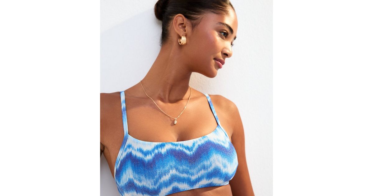 Blue Metallic Thread Wave Pattern Bikini Top | New Look