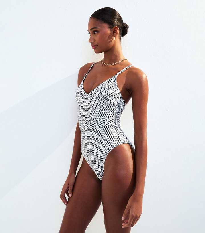 Black Graphic Print V-Neck Swimsuit