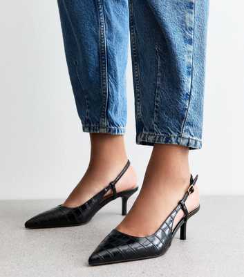 Black Faux Leather Crocodile Effect Slingback Pumps