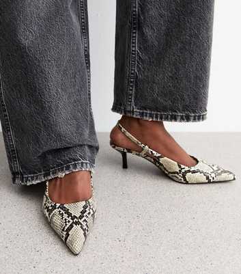 Cream Snake Effect Faux Leather Slingback Pumps