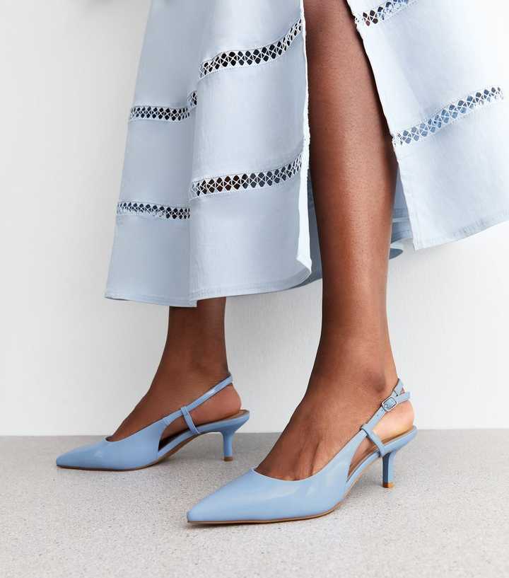 Light Blue Faux Patent Leather Slingback Pumps