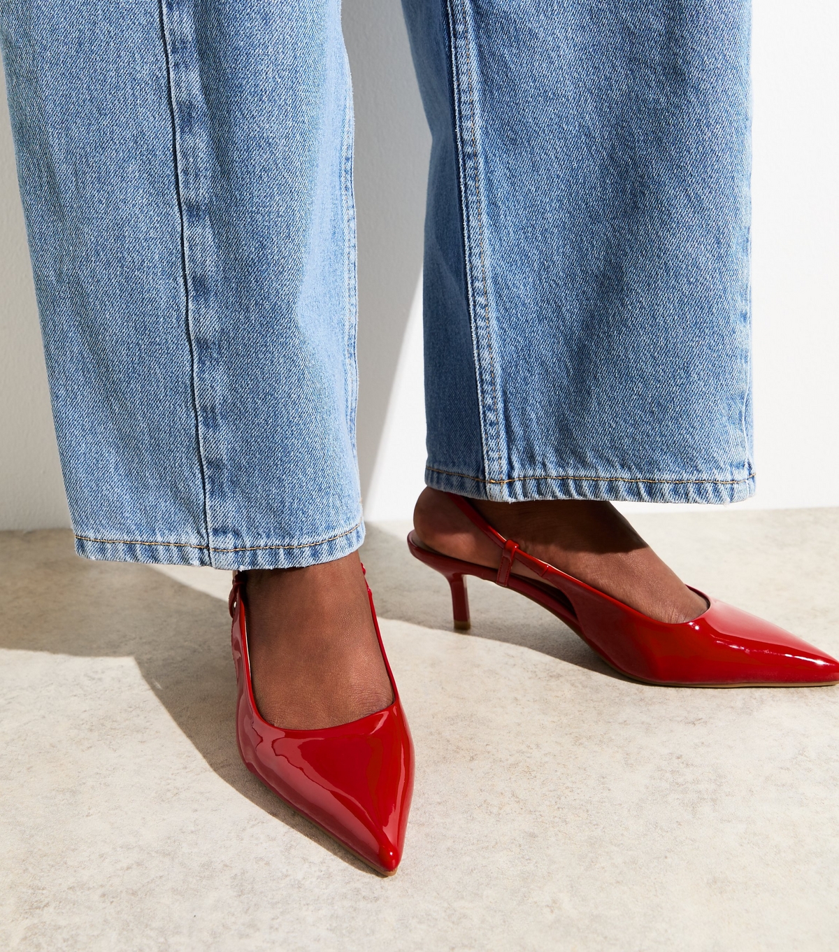 Women's Red Faux Patent Leather Slingback Pumps Vegan New Look