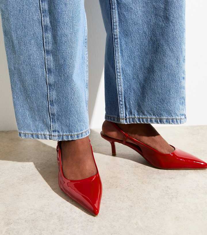 Red Faux Patent Leather Slingback Pumps