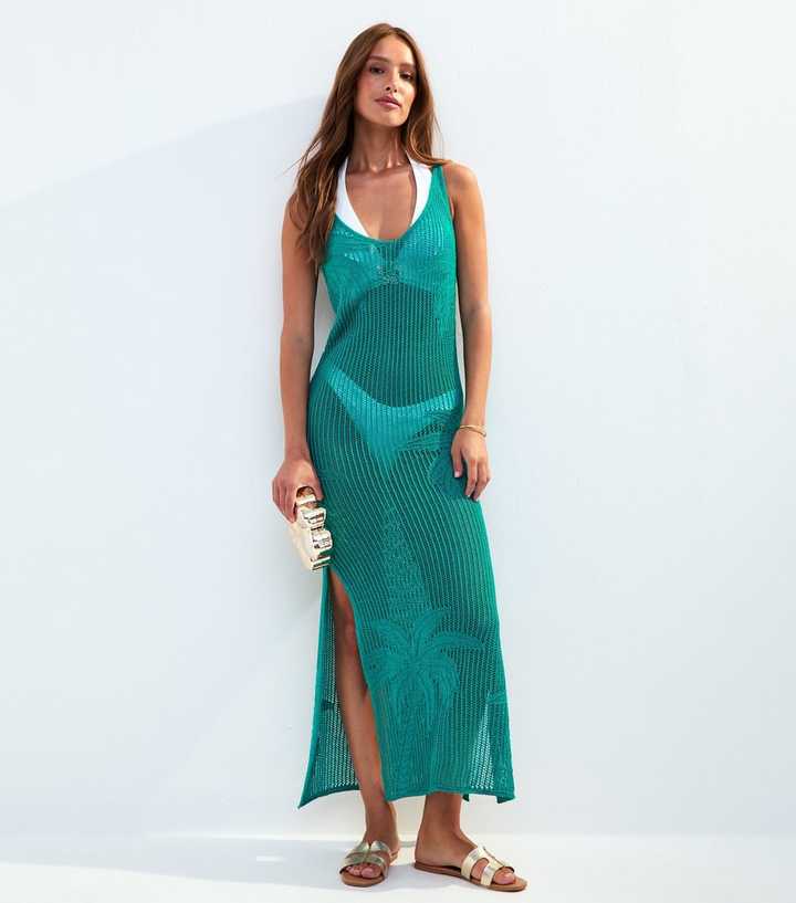 Green Palm Crochet Cover Up Maxi Dress