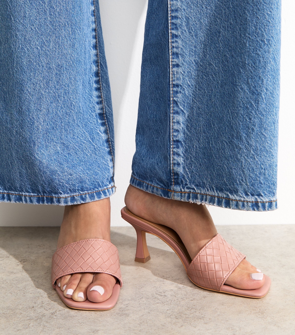 Women's Wide Fit Light Pink Embossed Strap Mules Vegan New Look