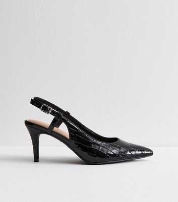 Wide Fit Black Faux Leather Slingback Court Shoes