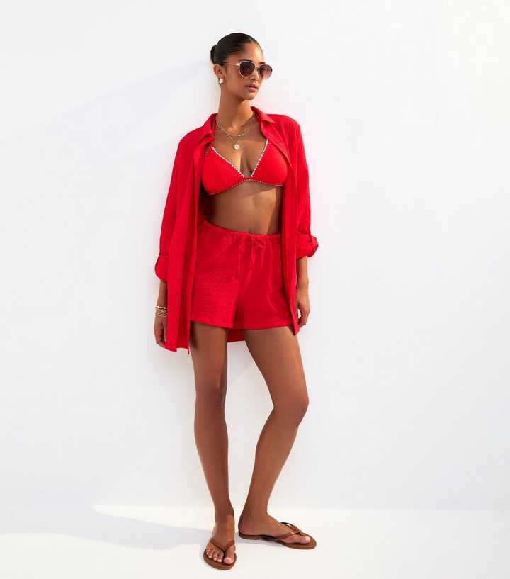 Red Textured Drawstring Shorts