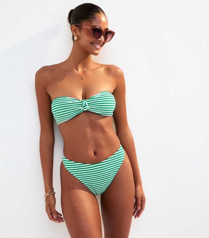 Green Textured Stripe High Cut Bikini Bottoms