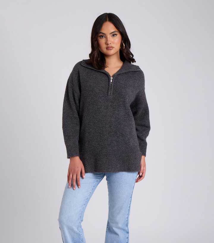 Urban Bliss Dark Grey Half Zip Oversized Jumper