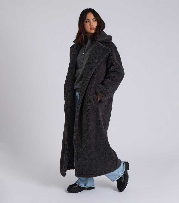 Borg Coat Grey Long Line Coat Asos Design Black Borg Longline Coat