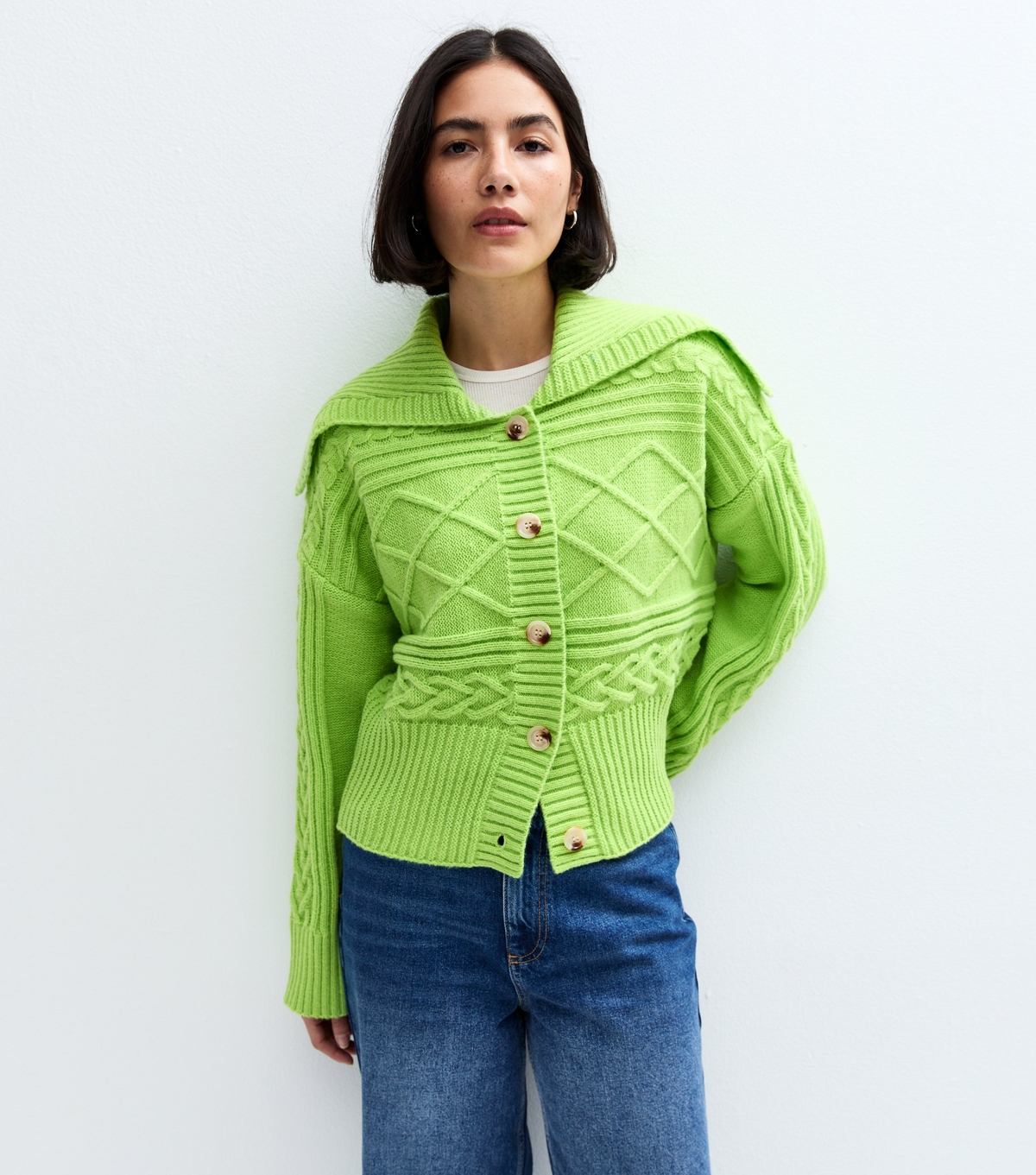 Women's Green Cable Knit Cardigan Sunshine Soul New Look