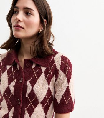 Red Argyle Knit Short Sleeve Cardigan
