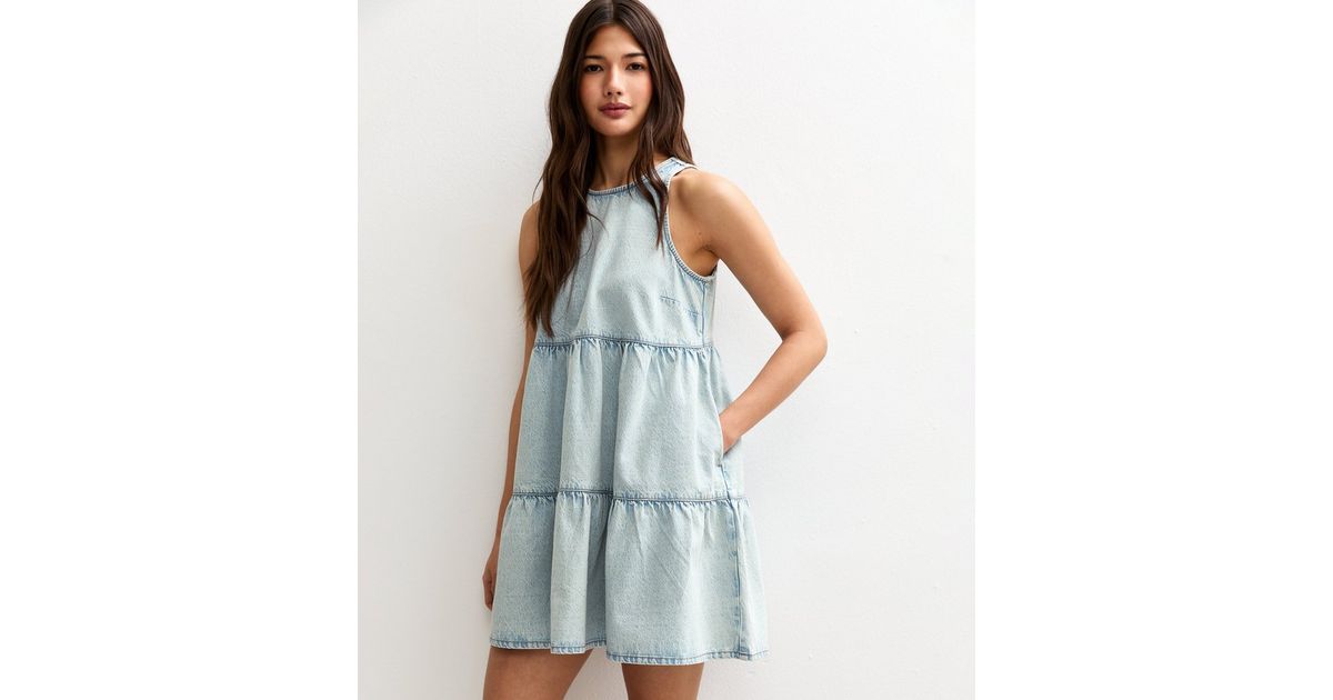 Blue Denim Tiered Smock Mini Dress | New Look